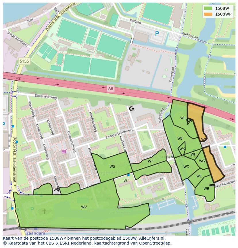 Afbeelding van het postcodegebied 1508 WP op de kaart.