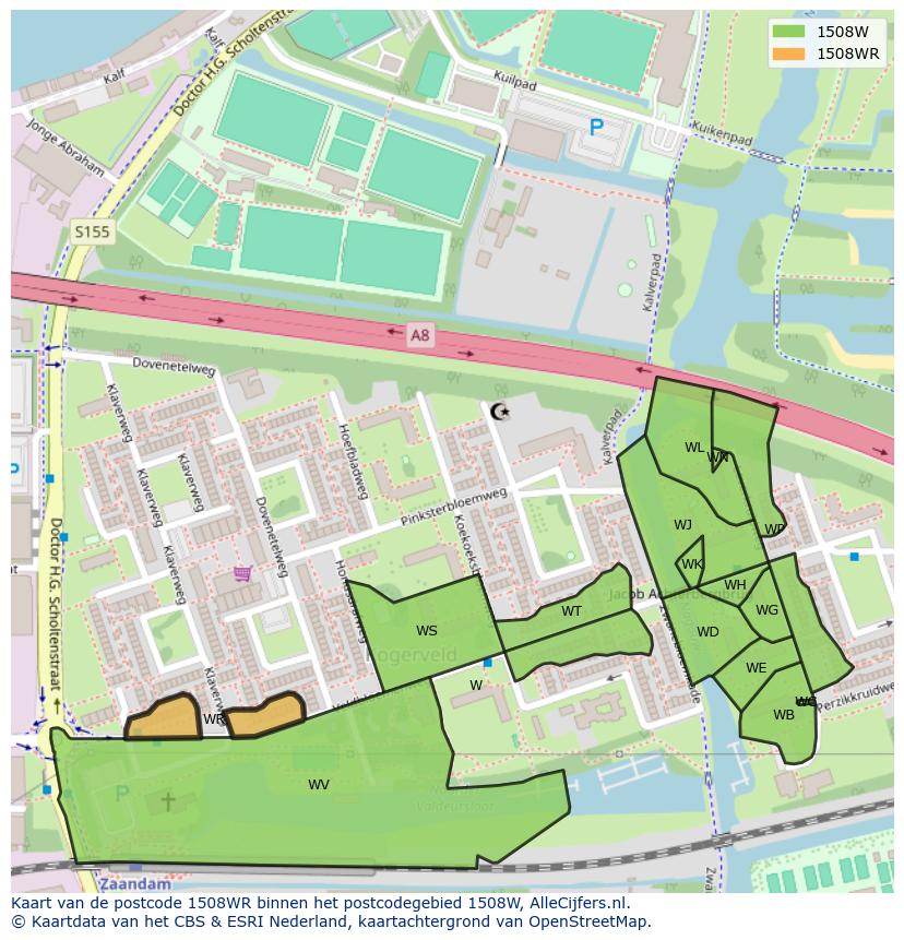 Afbeelding van het postcodegebied 1508 WR op de kaart.