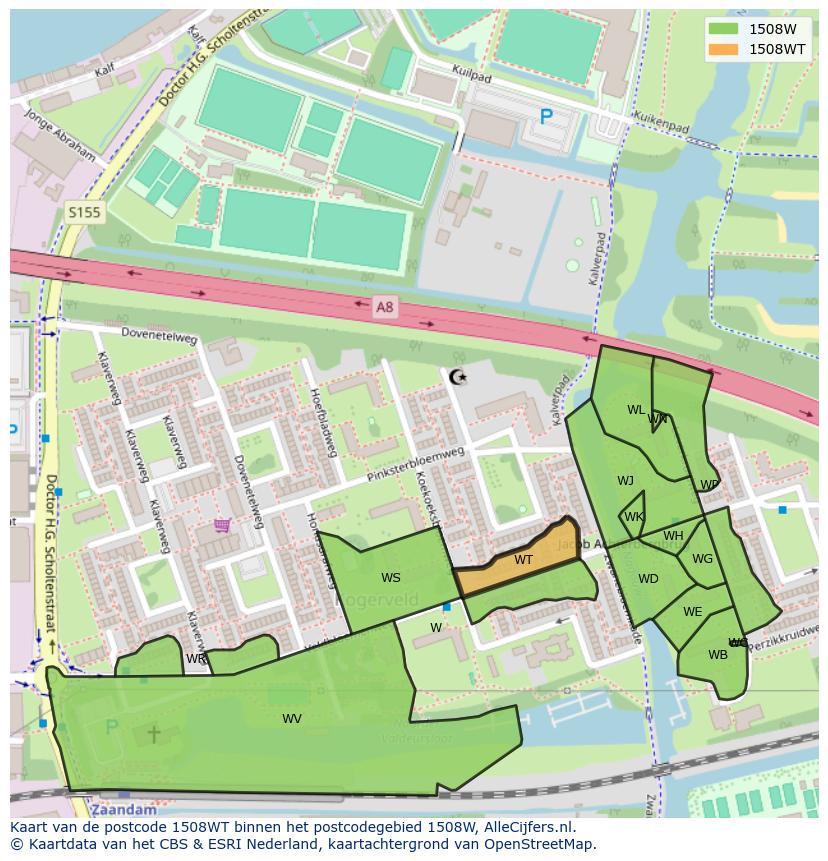 Afbeelding van het postcodegebied 1508 WT op de kaart.