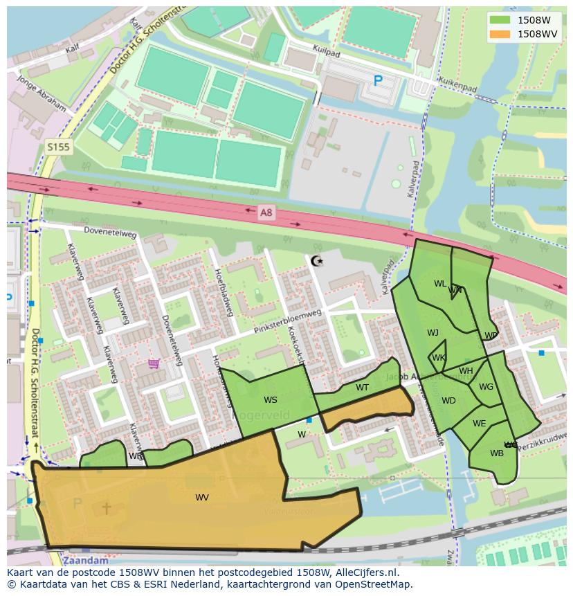 Afbeelding van het postcodegebied 1508 WV op de kaart.