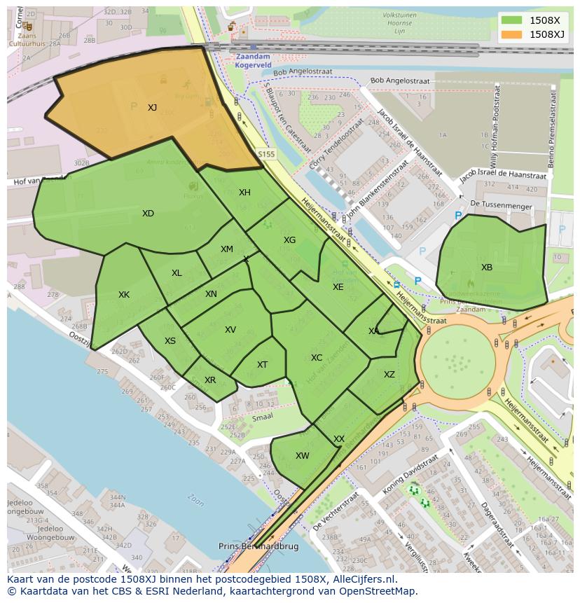 Afbeelding van het postcodegebied 1508 XJ op de kaart.