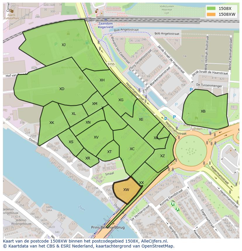 Afbeelding van het postcodegebied 1508 XW op de kaart.