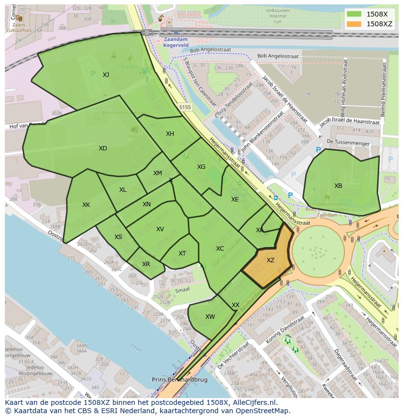 Afbeelding van het postcodegebied 1508 XZ op de kaart.