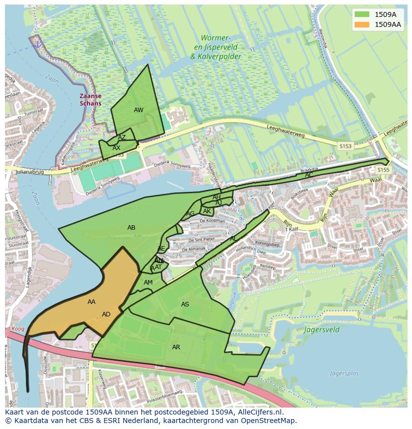 Afbeelding van het postcodegebied 1509 AA op de kaart.