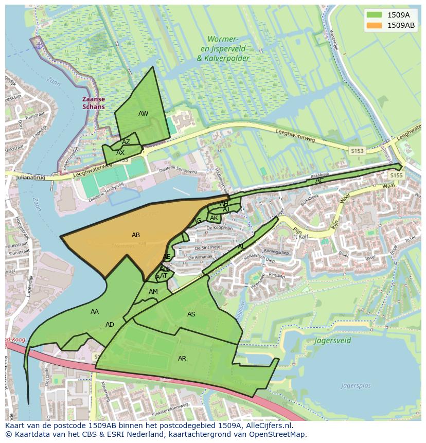 Afbeelding van het postcodegebied 1509 AB op de kaart.