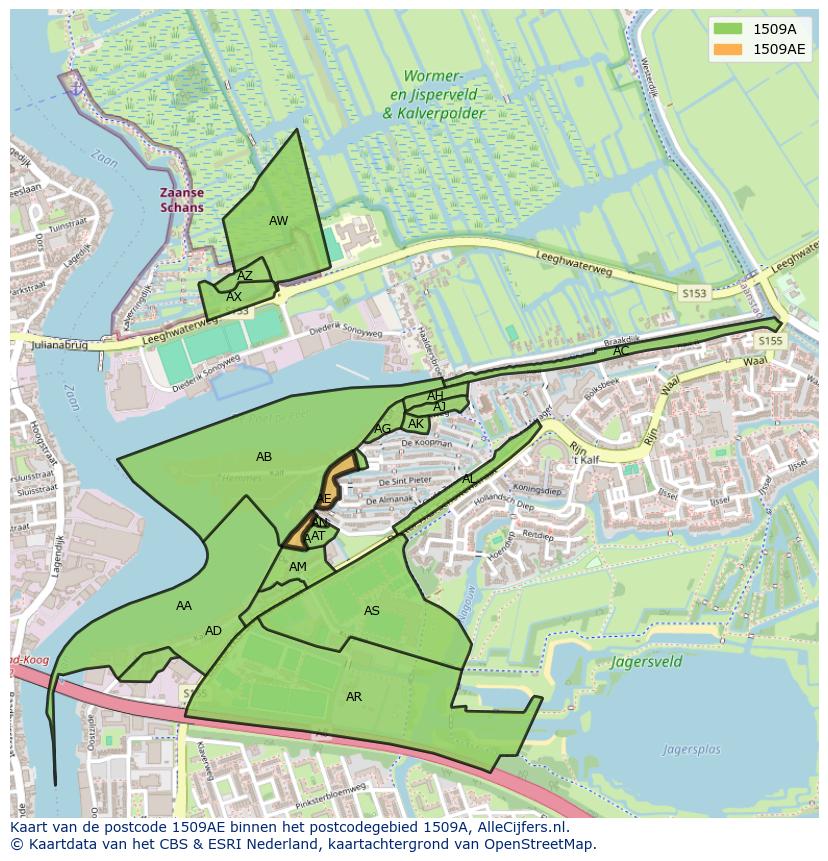 Afbeelding van het postcodegebied 1509 AE op de kaart.