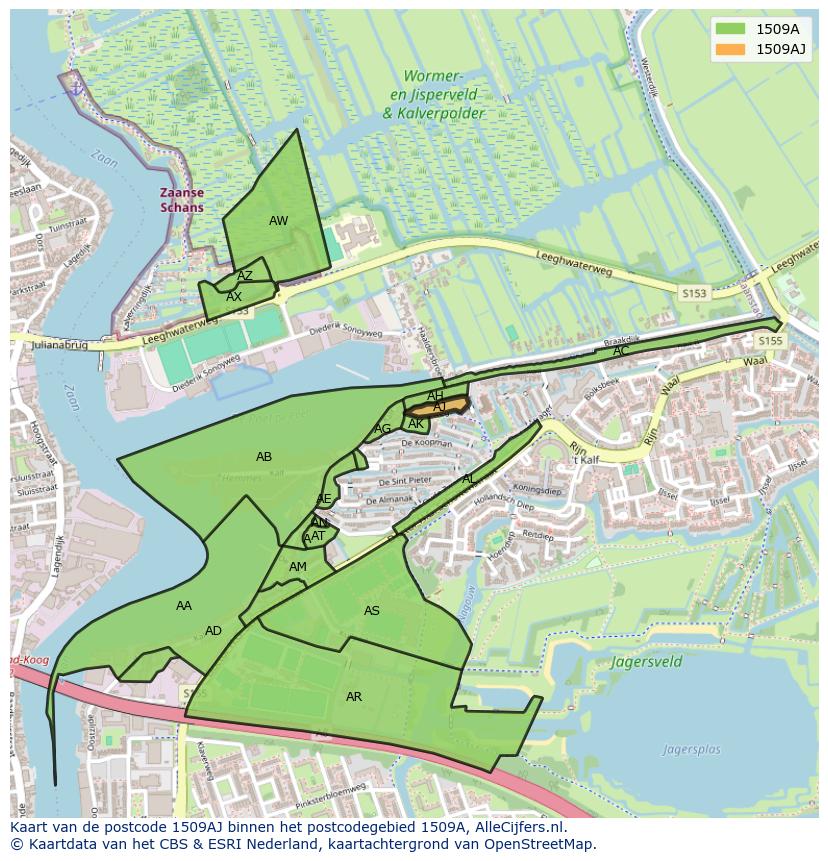 Afbeelding van het postcodegebied 1509 AJ op de kaart.