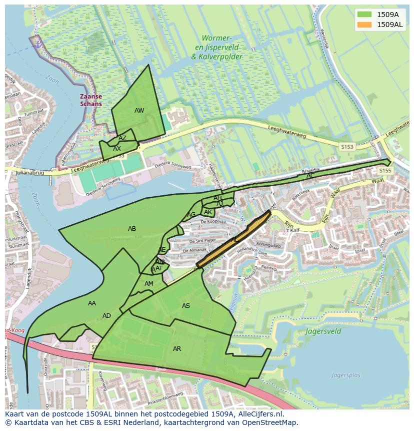 Afbeelding van het postcodegebied 1509 AL op de kaart.