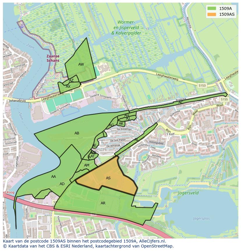 Afbeelding van het postcodegebied 1509 AS op de kaart.