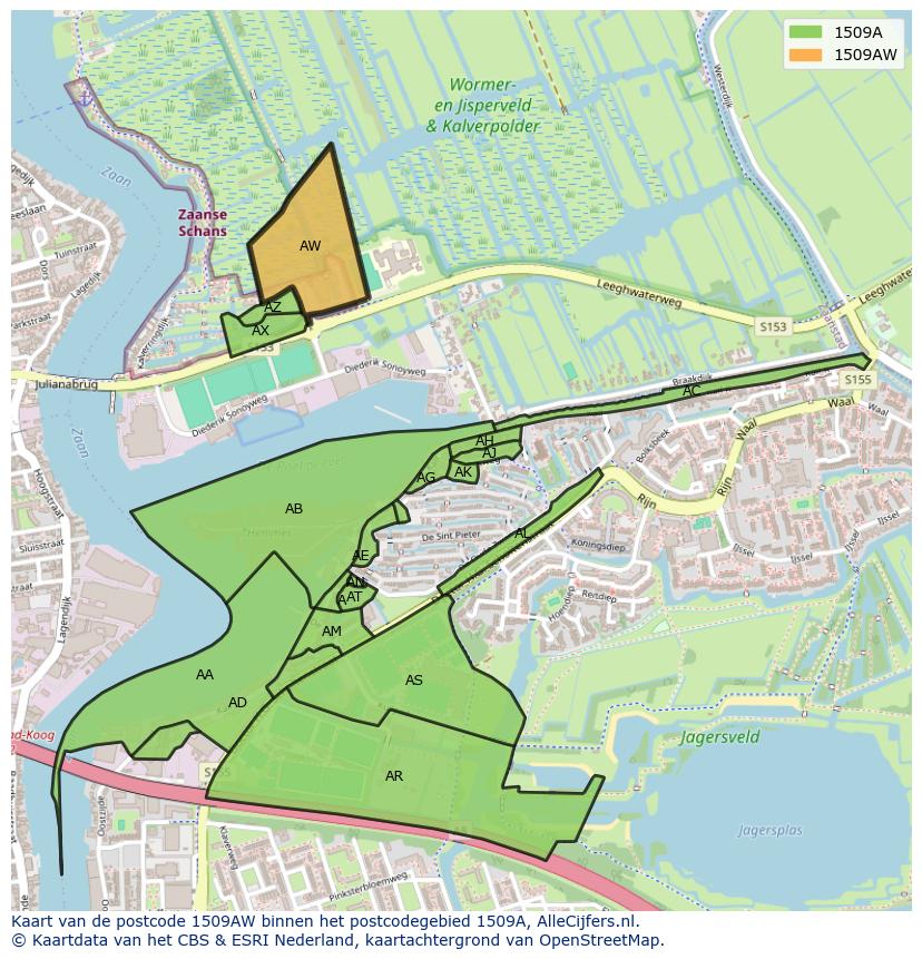 Afbeelding van het postcodegebied 1509 AW op de kaart.