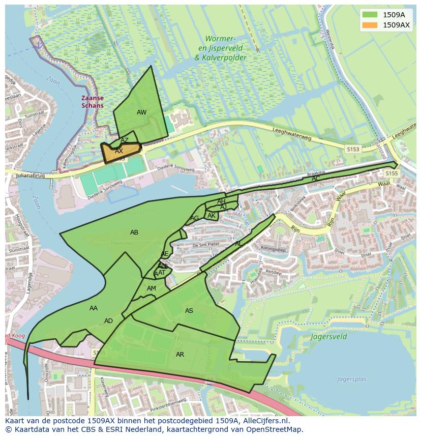 Afbeelding van het postcodegebied 1509 AX op de kaart.