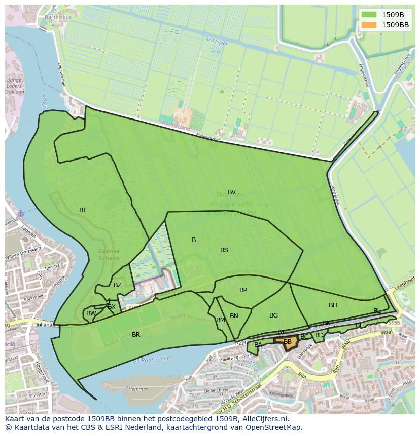 Afbeelding van het postcodegebied 1509 BB op de kaart.