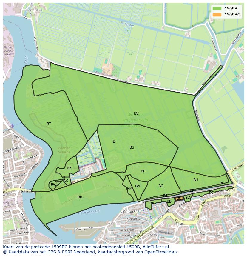 Afbeelding van het postcodegebied 1509 BC op de kaart.