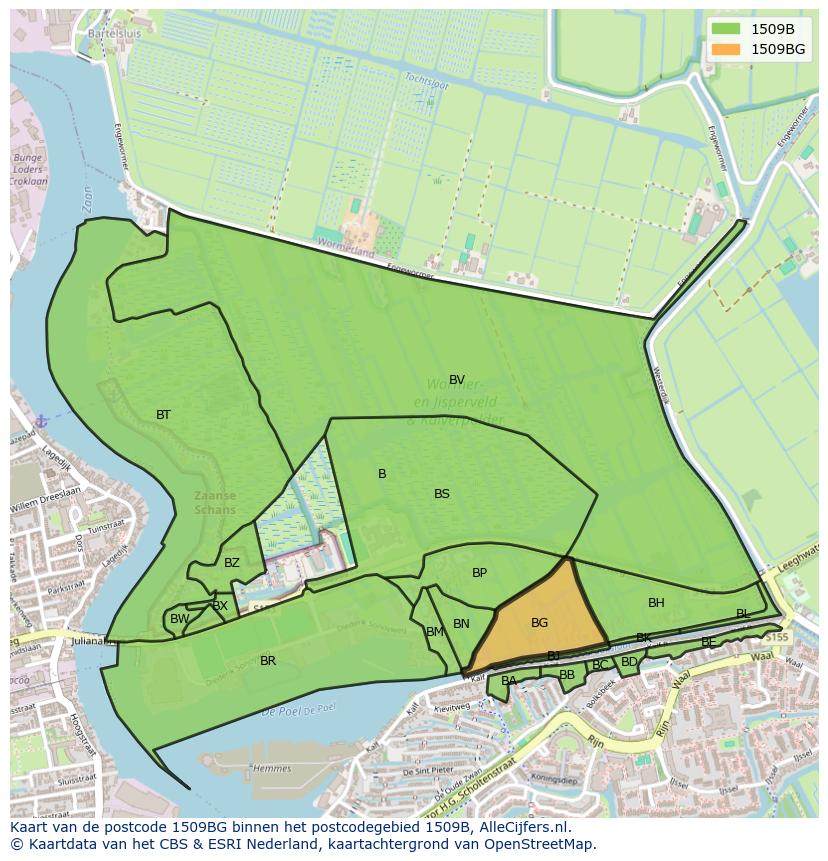 Afbeelding van het postcodegebied 1509 BG op de kaart.