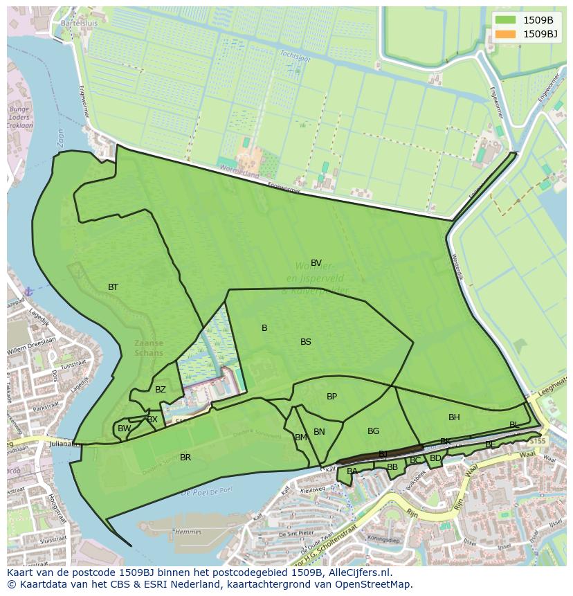 Afbeelding van het postcodegebied 1509 BJ op de kaart.