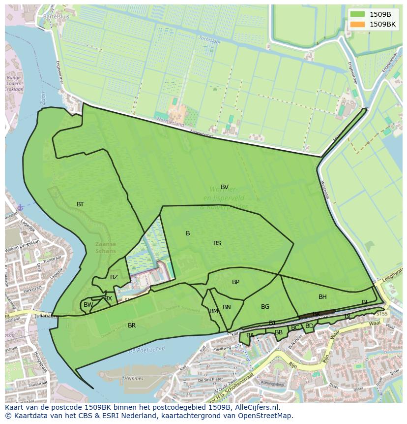 Afbeelding van het postcodegebied 1509 BK op de kaart.