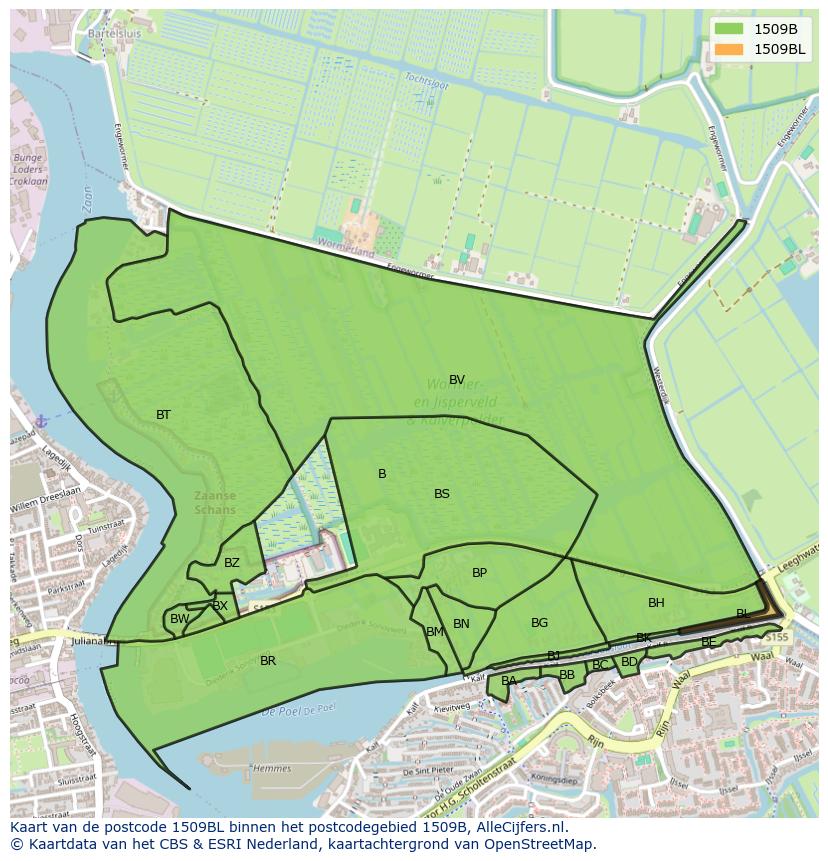 Afbeelding van het postcodegebied 1509 BL op de kaart.