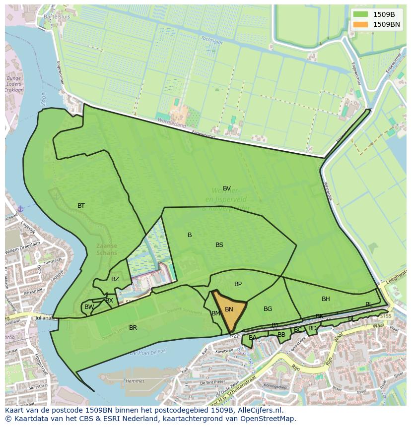 Afbeelding van het postcodegebied 1509 BN op de kaart.