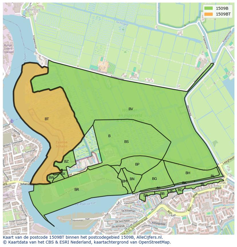 Afbeelding van het postcodegebied 1509 BT op de kaart.