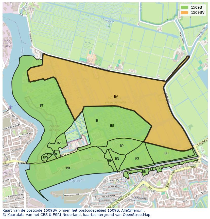 Afbeelding van het postcodegebied 1509 BV op de kaart.