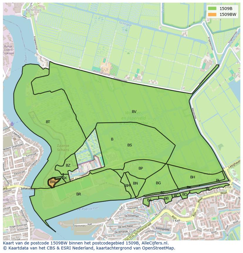 Afbeelding van het postcodegebied 1509 BW op de kaart.