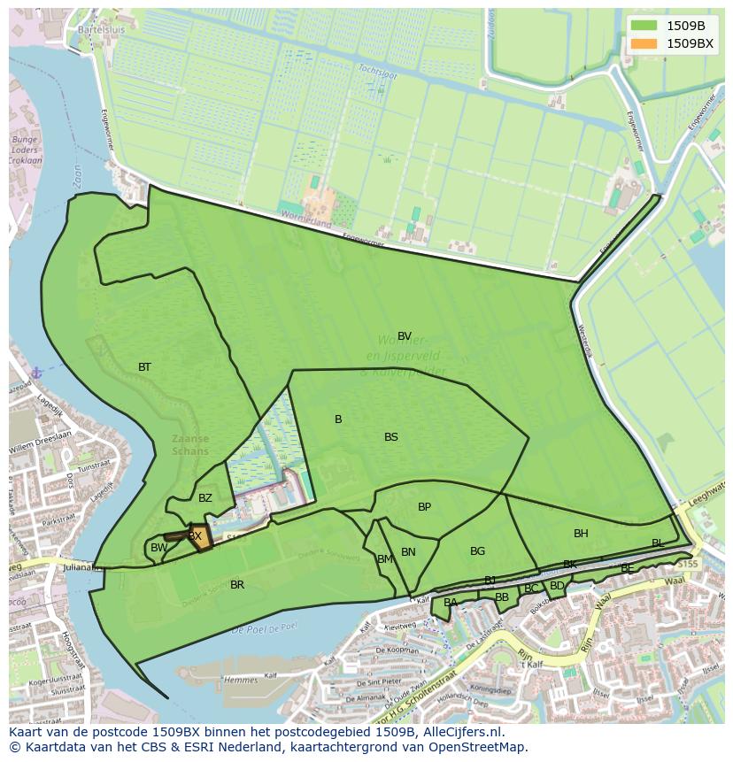 Afbeelding van het postcodegebied 1509 BX op de kaart.