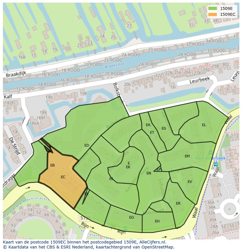 Afbeelding van het postcodegebied 1509 EC op de kaart.
