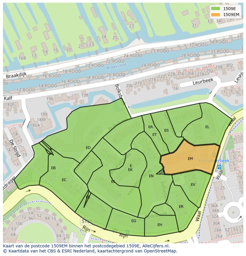 Afbeelding van het postcodegebied 1509 EM op de kaart.