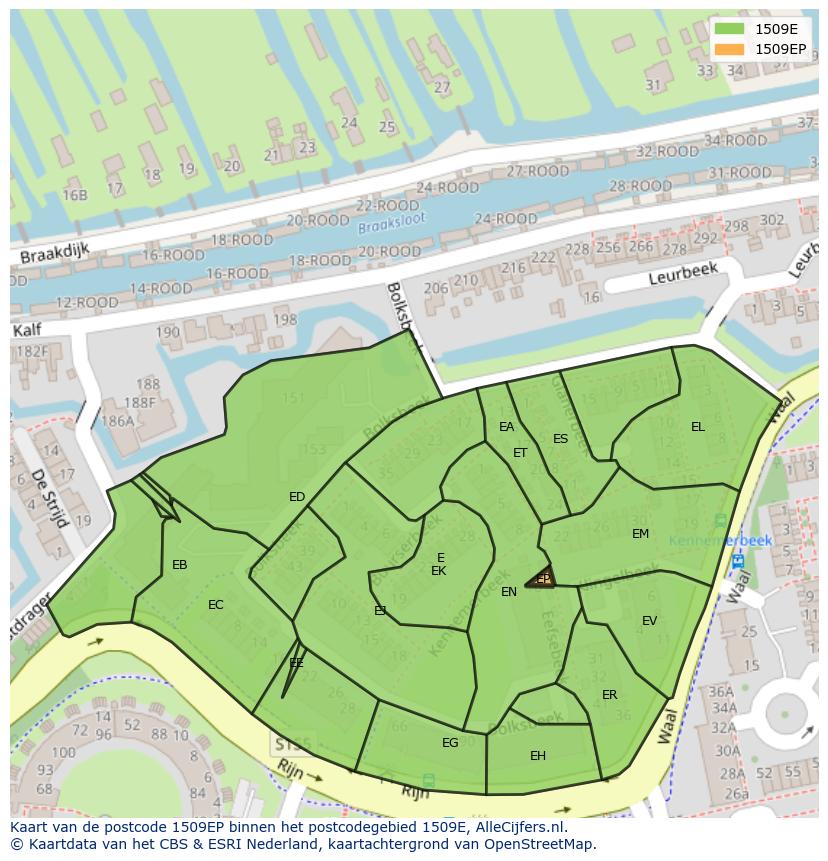 Afbeelding van het postcodegebied 1509 EP op de kaart.