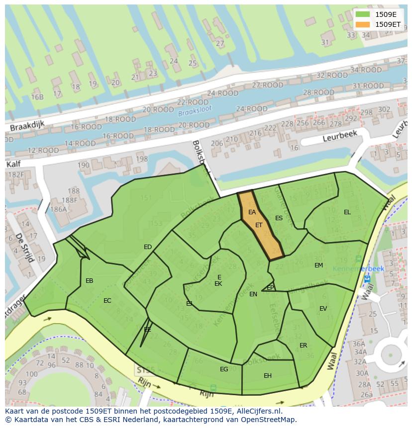 Afbeelding van het postcodegebied 1509 ET op de kaart.
