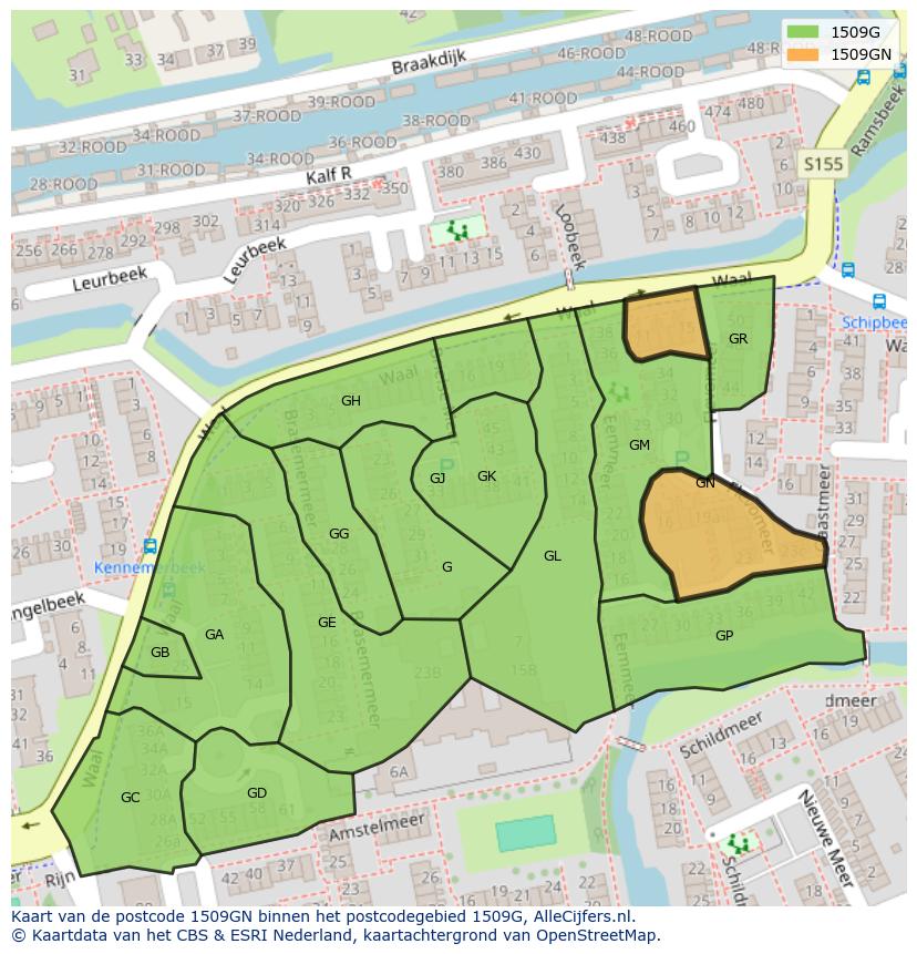 Afbeelding van het postcodegebied 1509 GN op de kaart.