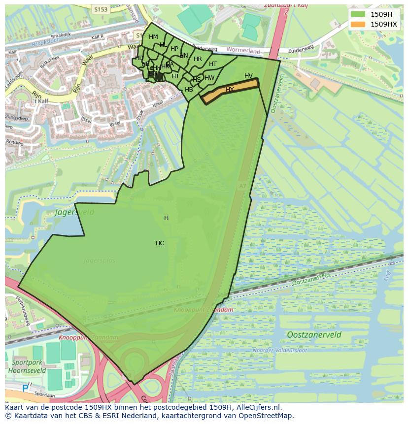 Afbeelding van het postcodegebied 1509 HX op de kaart.