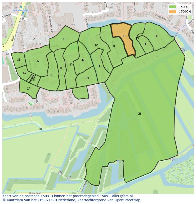 Afbeelding van het postcodegebied 1509 JH op de kaart.