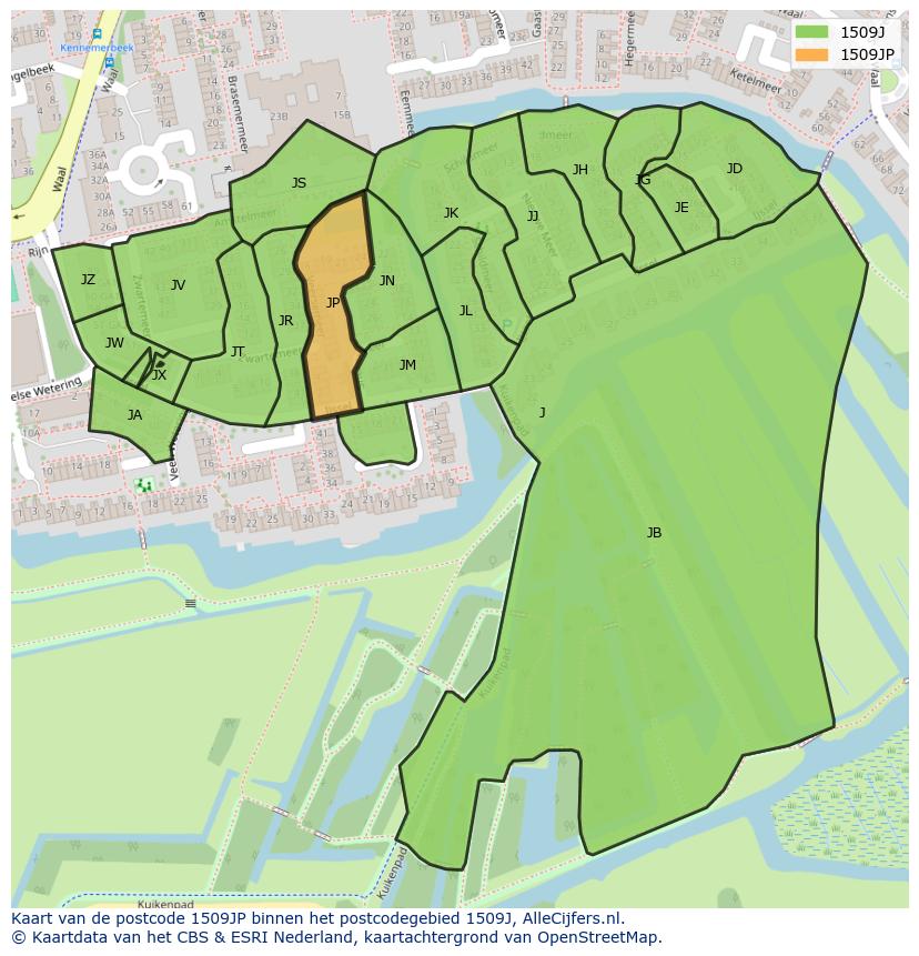 Afbeelding van het postcodegebied 1509 JP op de kaart.