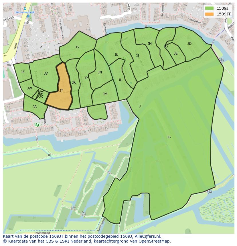 Afbeelding van het postcodegebied 1509 JT op de kaart.