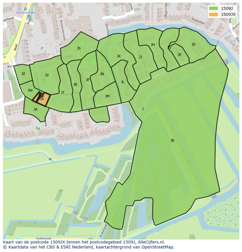 Afbeelding van het postcodegebied 1509 JX op de kaart.