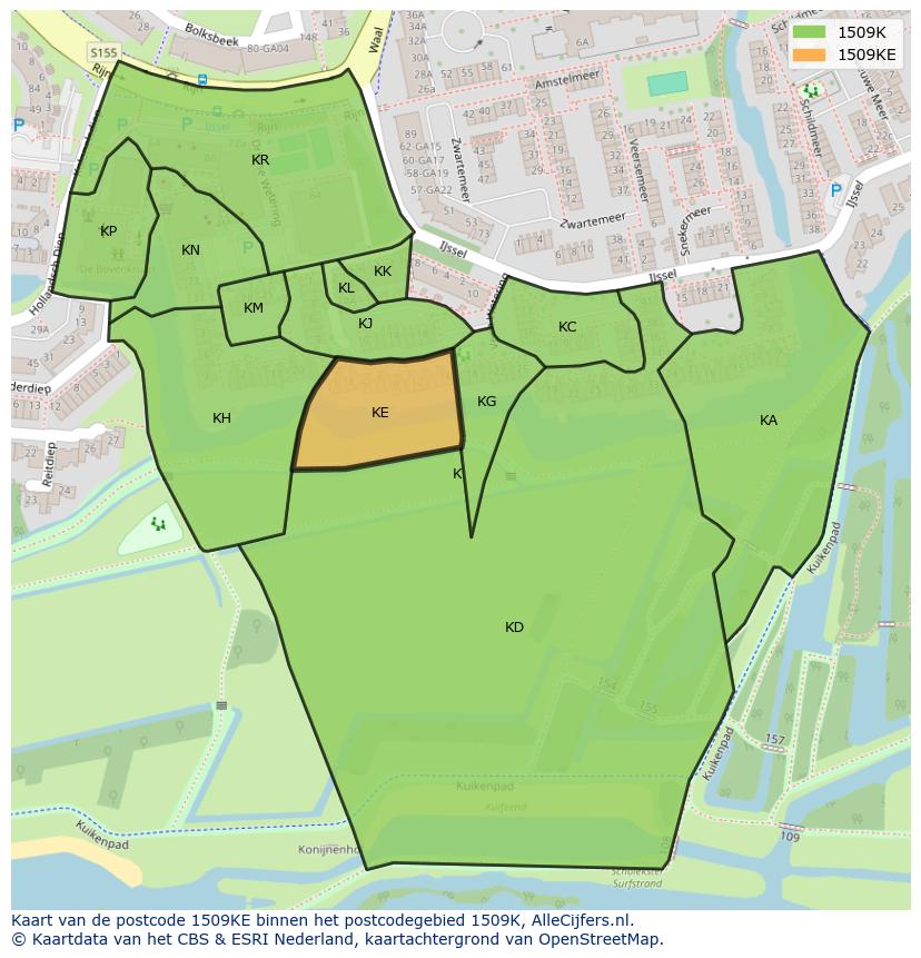 Afbeelding van het postcodegebied 1509 KE op de kaart.