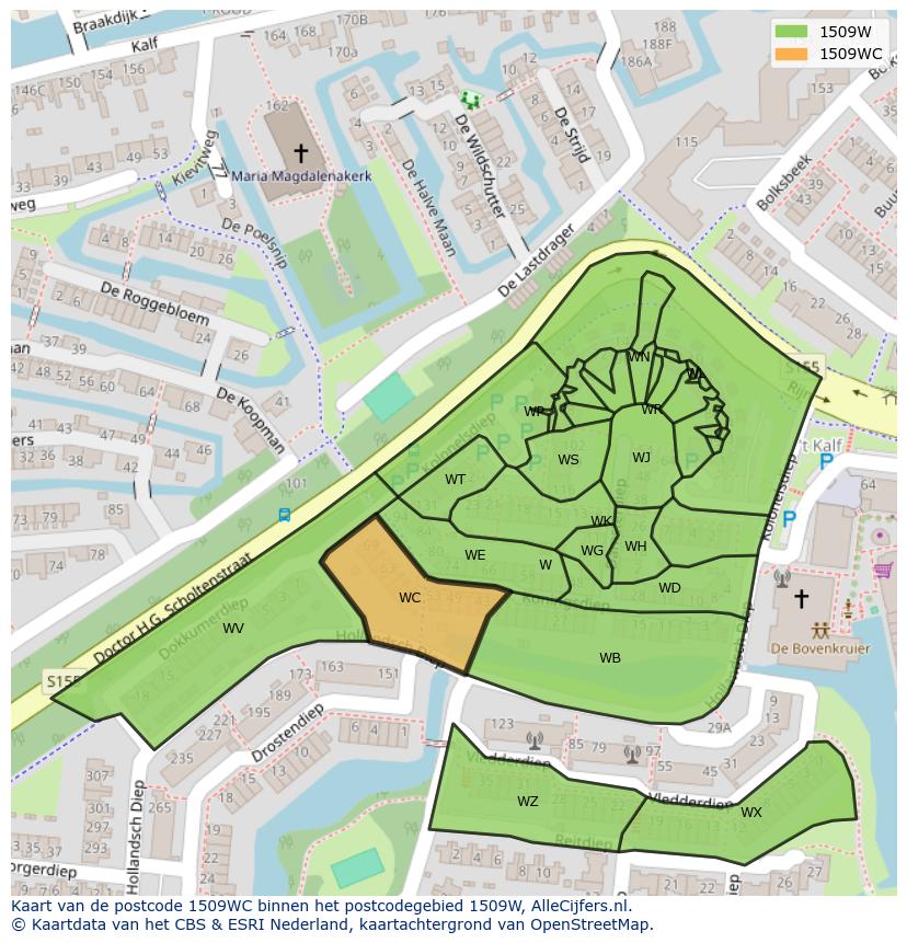 Afbeelding van het postcodegebied 1509 WC op de kaart.