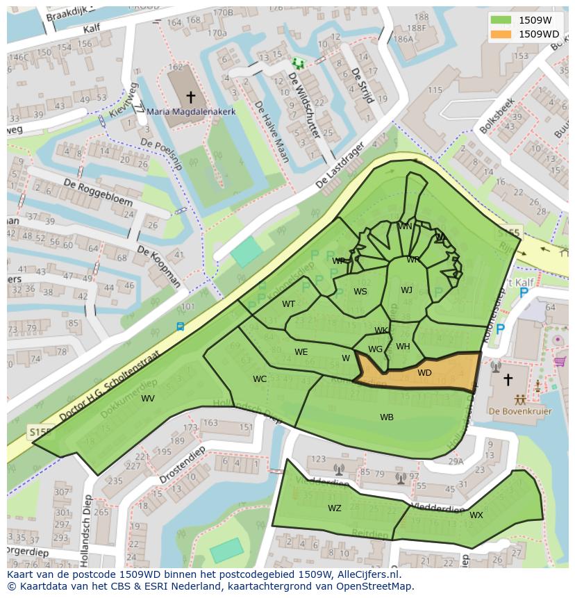 Afbeelding van het postcodegebied 1509 WD op de kaart.