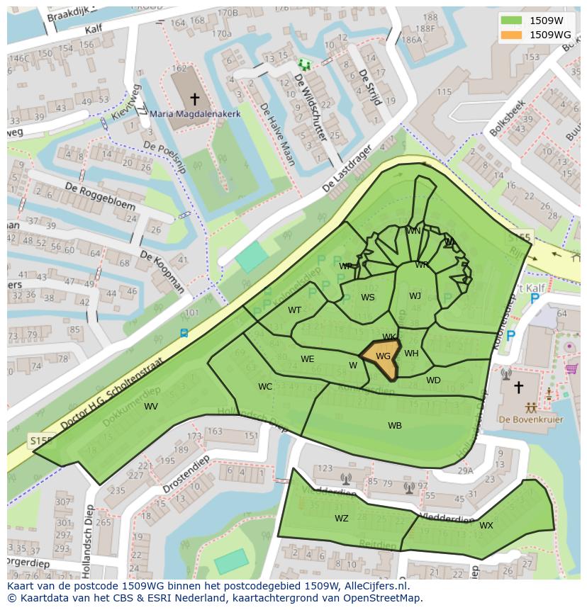 Afbeelding van het postcodegebied 1509 WG op de kaart.