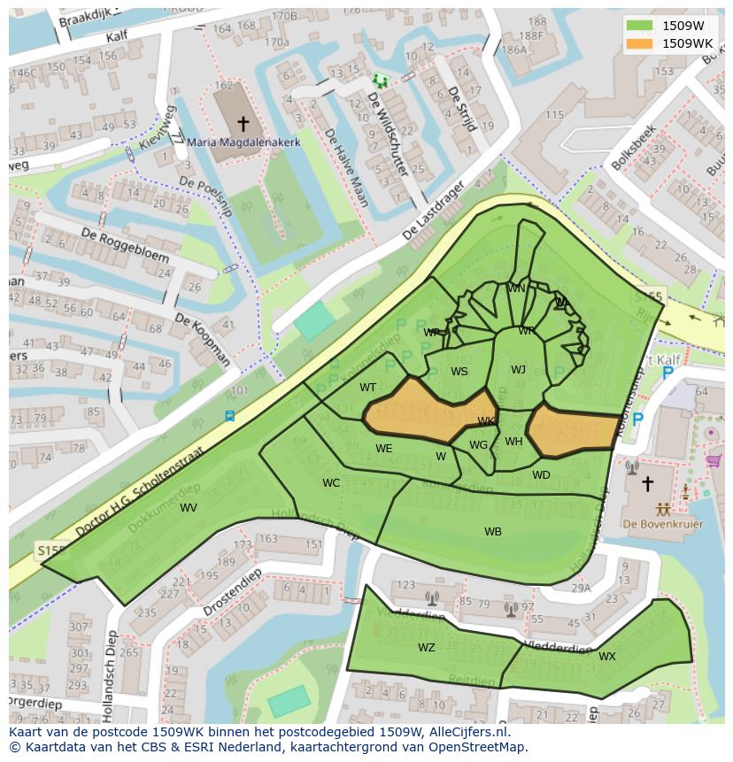 Afbeelding van het postcodegebied 1509 WK op de kaart.