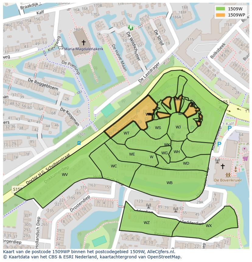 Afbeelding van het postcodegebied 1509 WP op de kaart.
