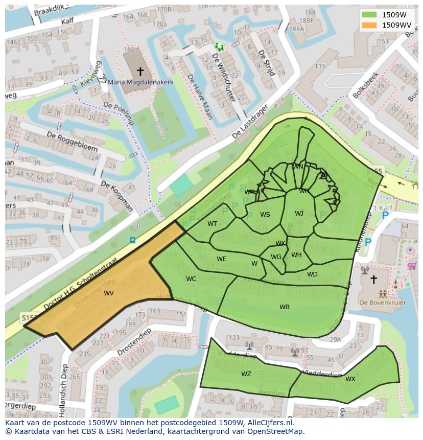 Afbeelding van het postcodegebied 1509 WV op de kaart.
