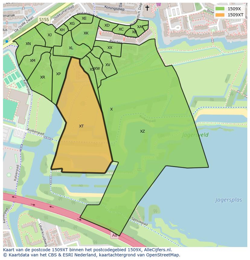 Afbeelding van het postcodegebied 1509 XT op de kaart.
