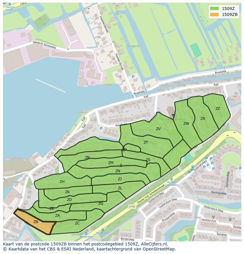 Afbeelding van het postcodegebied 1509 ZB op de kaart.