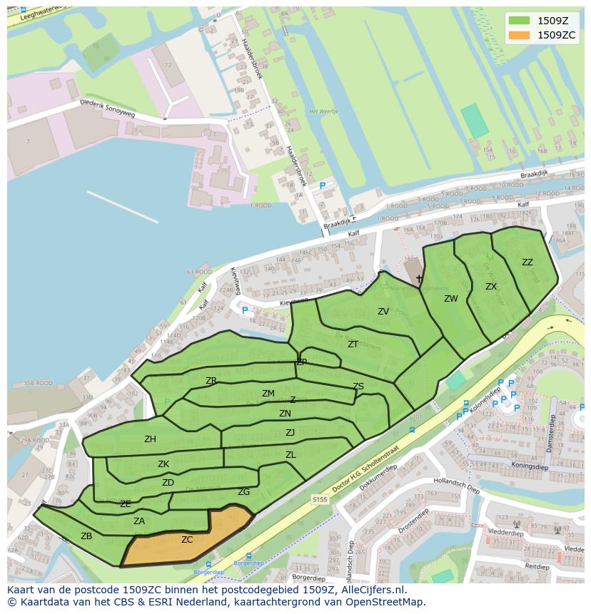 Afbeelding van het postcodegebied 1509 ZC op de kaart.