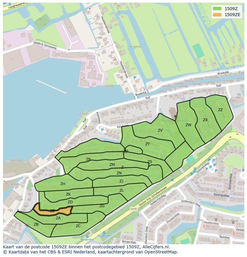 Afbeelding van het postcodegebied 1509 ZE op de kaart.