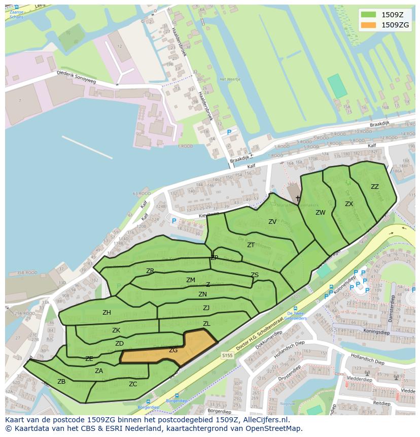 Afbeelding van het postcodegebied 1509 ZG op de kaart.
