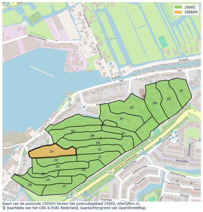 Afbeelding van het postcodegebied 1509 ZH op de kaart.