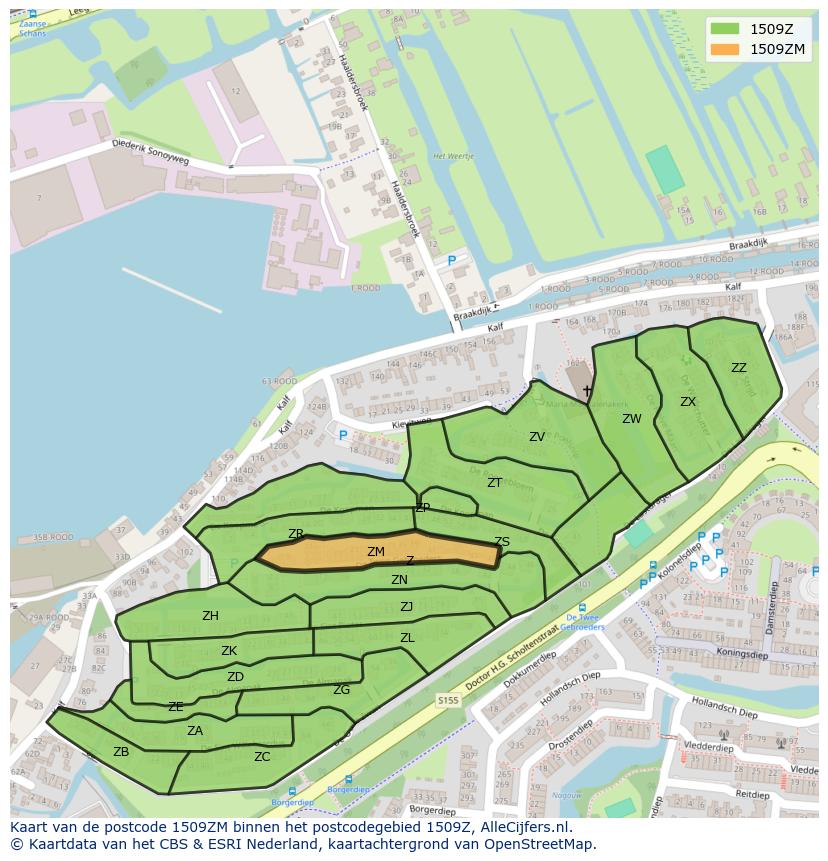 Afbeelding van het postcodegebied 1509 ZM op de kaart.